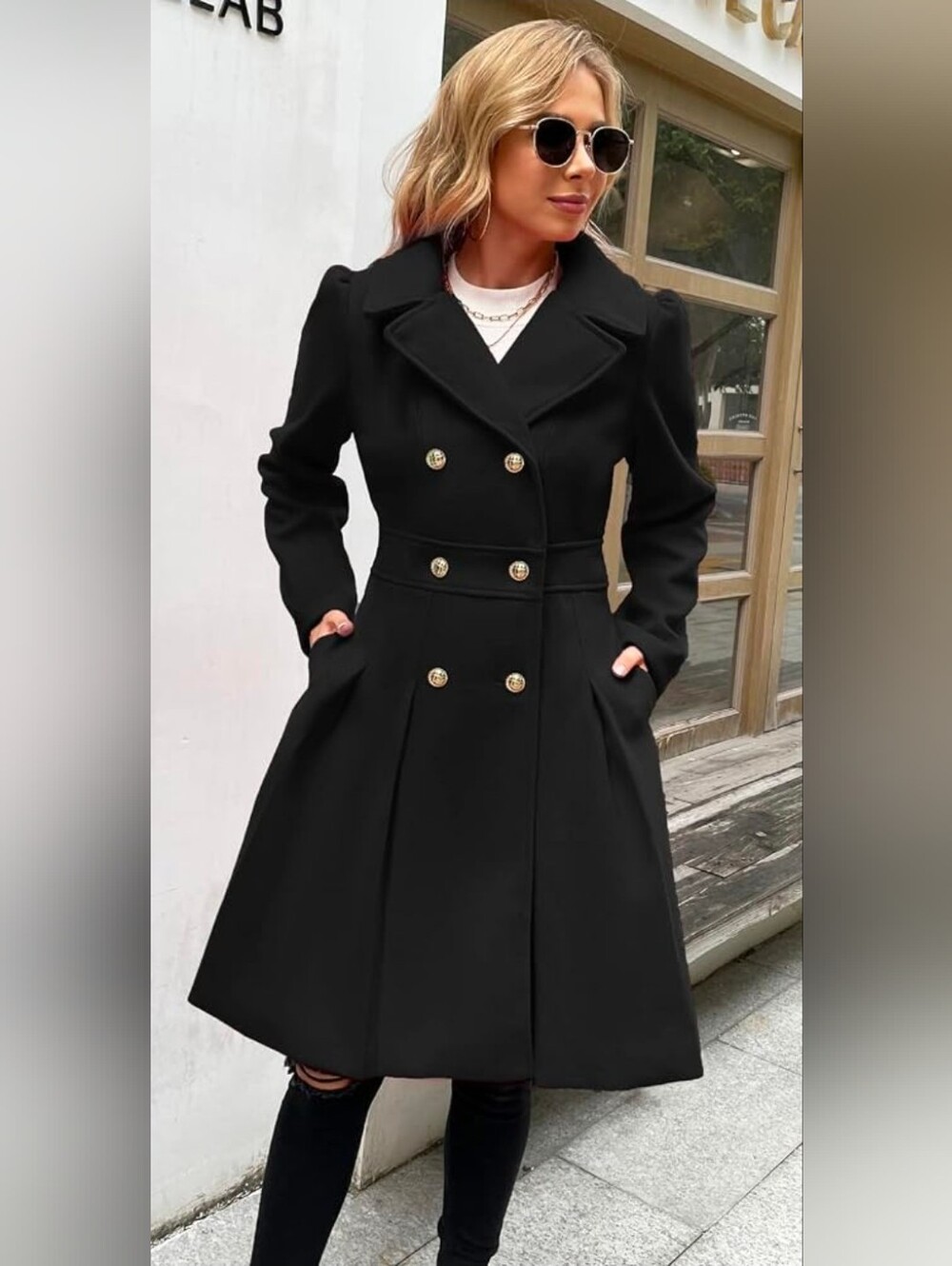 Grace Karin Black Double-Breasted Pea Coat with Gold Buttons